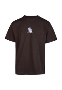 Brown cotton t-shirt featuring a cartoon character illustration on the front, with short sleeves and a round neck design.
