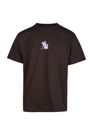 Brown cotton t-shirt featuring a cartoon character illustration on the front, with short sleeves and a round neck design.