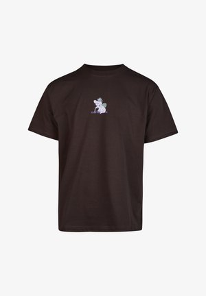 Brown cotton t-shirt featuring a cartoon character illustration on the front, with short sleeves and a round neck design.