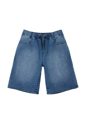 Blaue Jeans-Shorts mit elastischem Bund und schwarzer Kordel, Vordertaschen und lässiger Passform.