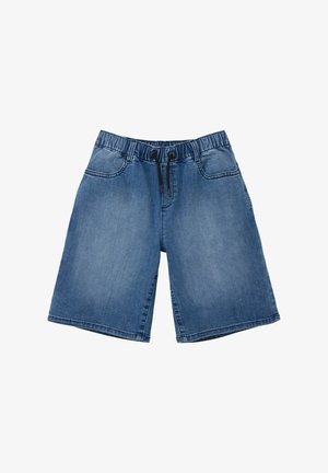 Niebieskie krótkie spodenki jeansowe z elastycznym paskiem i czarnym sznurkiem, kieszeniami z przodu i luźnym krojem.