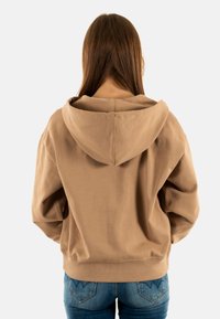 Sweatshirt à capuche marron avec une coupe ample et un ourlet côtelé, présentant une poche kangourou et une texture douce. Présenté de l'arrière.
