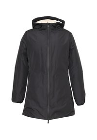 Giacca lunga nera con cappuccio, realizzata in materiale liscio e resistente all'acqua. Presenta una zip a tutta lunghezza e polsini elasticizzati. Nessun motivo o accento.