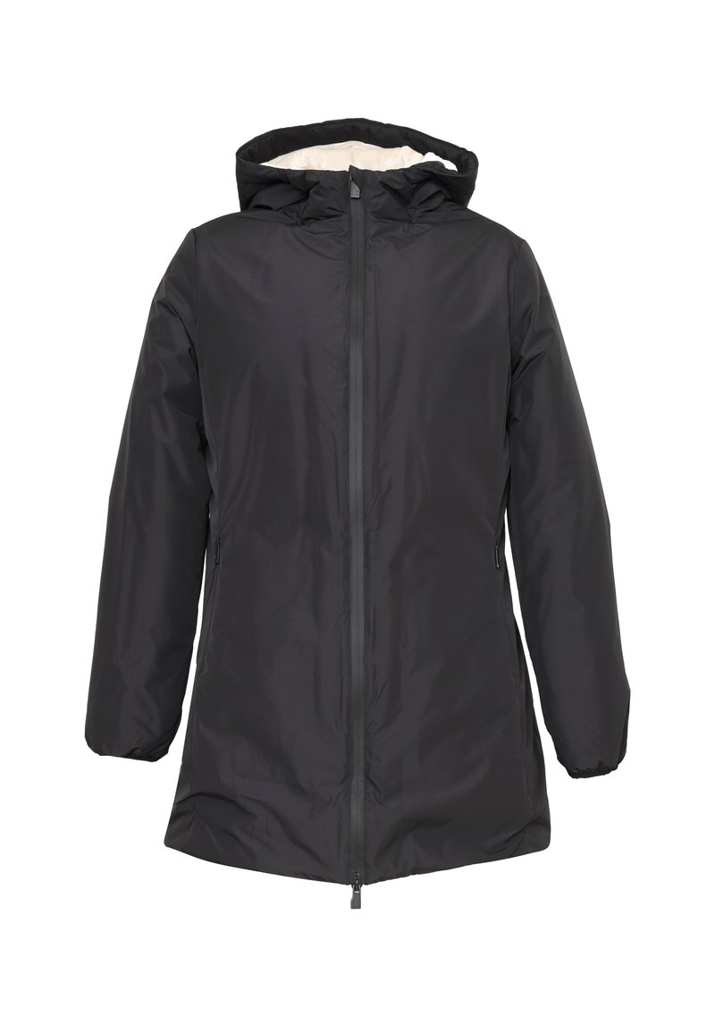 Giacca lunga nera con cappuccio, realizzata in materiale liscio e resistente all'acqua. Presenta una zip a tutta lunghezza e polsini elasticizzati. Nessun motivo o accento.