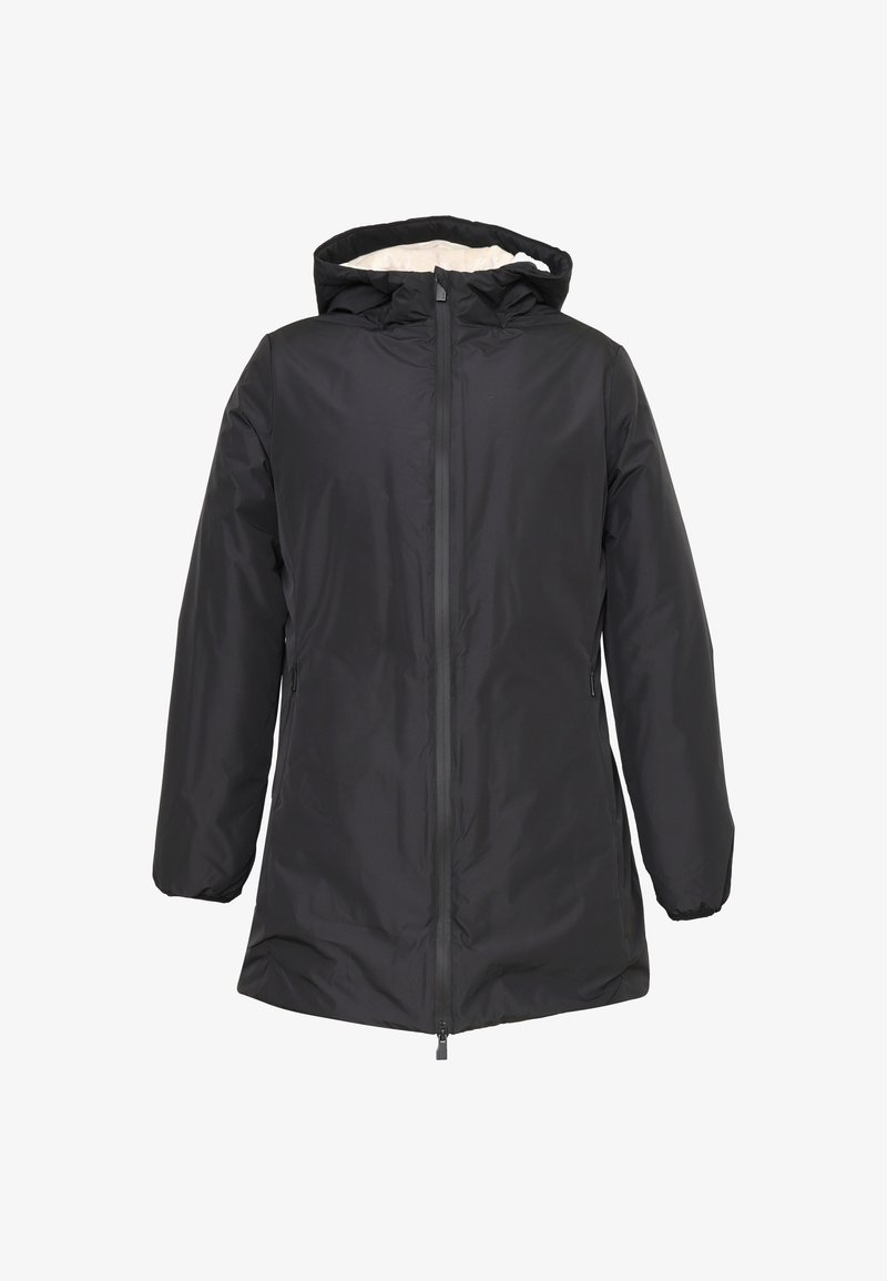 Giacca lunga nera con cappuccio, realizzata in materiale liscio e resistente all'acqua. Presenta una zip a tutta lunghezza e polsini elasticizzati. Nessun motivo o accento.