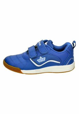 Blue athletic shoe with synthetic upper, mesh accents, two Velcro straps, white and gum sole, and quilted texture details.
