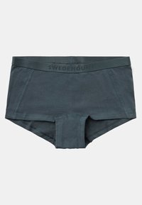 Boxer briefs en coton gris foncé avec une large ceinture élastique portant le nom de la marque "Swedemount" brodé dans la même couleur.
