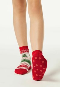 Red and white socks with holiday patterns, featuring trees and dots on the soles. Ribbed cuffs and soft, textured fabric.