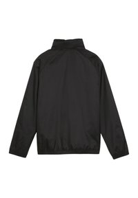 Veste noire en matériau lisse et léger, avec un col haut, des poignets élastiques et un ourlet froncé. Pas de marquage visible ni de poches.