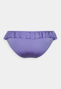 Parte de baixo de bikini roxa com cintura franzida. Feita de material liso e elástico. Sem padrões ou detalhes adicionais. Forma e ajuste padrão.