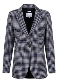 Blazer à un bouton avec un motif pied-de-poule noir, blanc, bleu et violet, col cranté et poches devant.