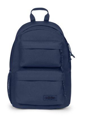 Zaino blu navy con due tasche frontali con zip, tasca laterale in rete, manico superiore e spallacci imbottiti.