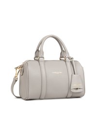 Borsa a mano in pelle grigia chiara con doppi manici, accessori in oro, tracolla removibile e piccola tasca attaccata sul lato.