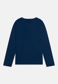 Navy long-sleeve t-shirt with a round neckline, made from soft cotton, featuring a smooth texture and no visible patterns or accents.