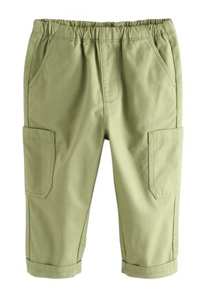 Lysegrønne cargobukser med elastisk talje, to sidelommer og to lårlommer. Glat stof, opbrettede kanter og lige pasform.