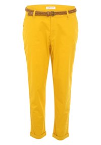 Yellow cotton trousers with rolled cuffs, featuring a braided brown belt and a smooth finish. Tag reads "CACHE CACHE."