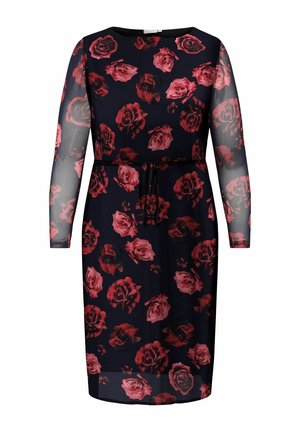 Blommig klänning med en marinbakgrund och röda rosor, långa genomskinliga ärmar och knytmidja för en figurnära design.