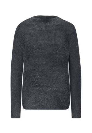 Czarnogranatowy sweter dzianinowy z długim rękawem, okrągłym dekoltem i fakturowanym wykończeniem. Prosty dół i miękka powierzchnia materiału.