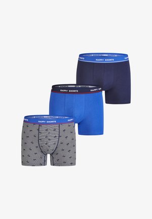 Three pairs of boxers: navy blue, solid blue, and gray with a patterned design. Each has a branded elastic waistband in contrasting colors.