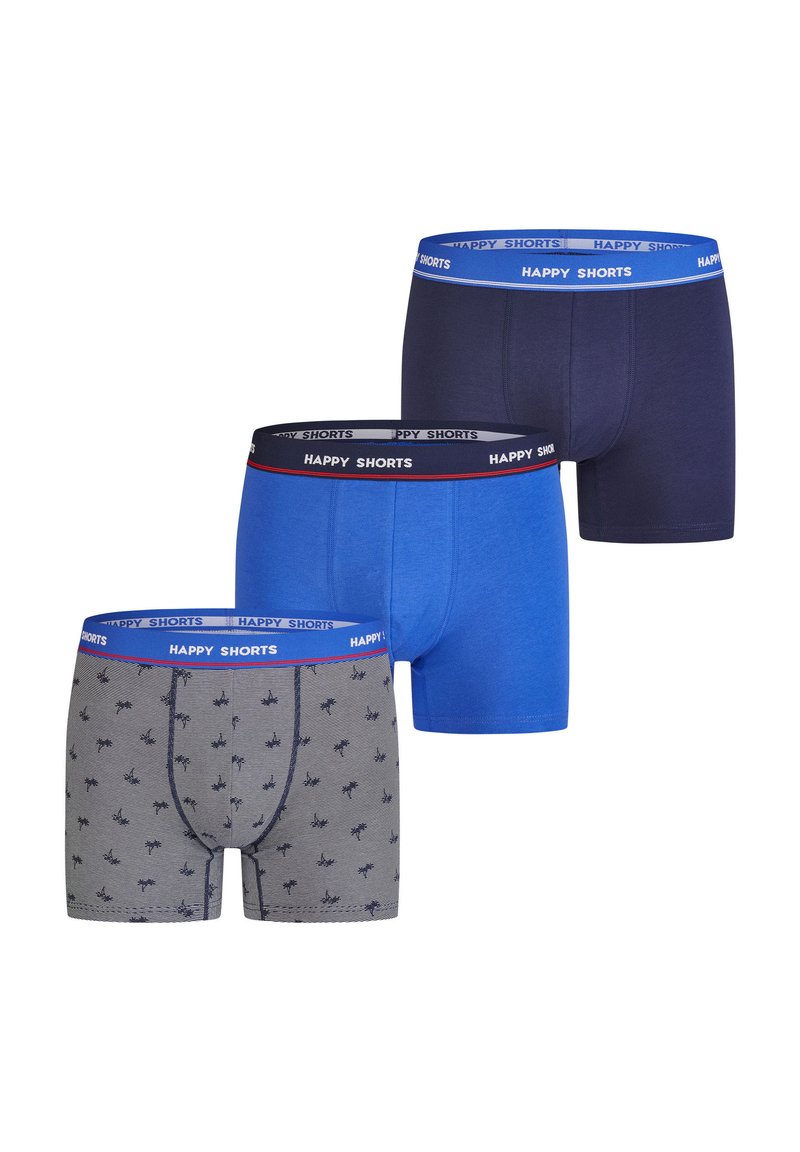 Three pairs of boxers: navy blue, solid blue, and gray with a patterned design. Each has a branded elastic waistband in contrasting colors.