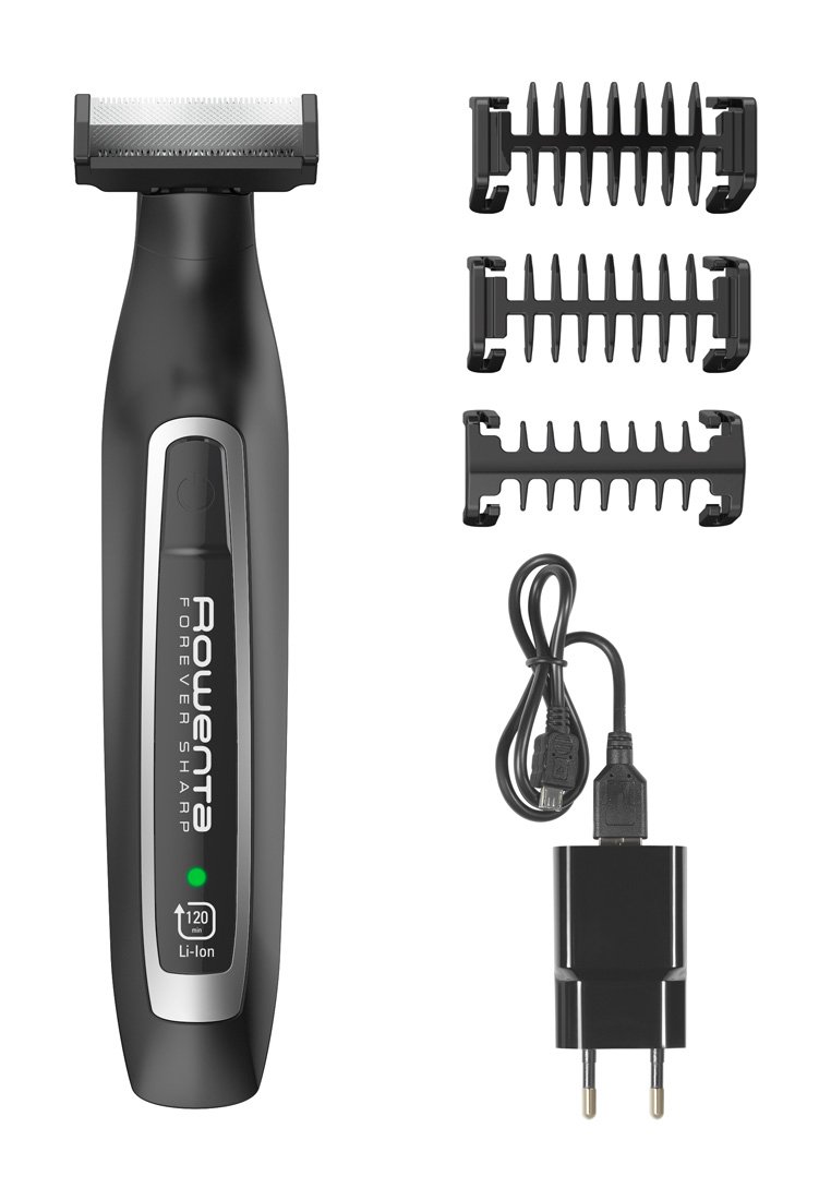 Tondeuse électrique Rowenta noire avec lame en acier inoxydable, inclut trois peignes de coupe, un câble USB et un chargeur.