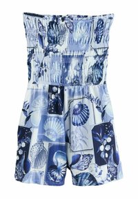 Rompers bleu et blanc à smocks, avec un motif de coquillage et de fleurs, dotés d'un corsage ajusté et de shorts amples. Tissu doux avec une légère texture.