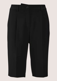 Schwarze, maßgeschneiderte Shorts bis zum Knie mit Gürtelschlaufen, vorderem Knopfverschluss und sauberer, strukturierter Passform.