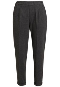 Mörkgrå, plisserade byxor tillverkade av ett mjukt tyg med elastisk midja och uppvikta muddar vid fållen för justerbar passform.