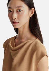 Hnědá halenka ze zavěšené látky s jemnou strukturou a krátkými rukávy, s rolákovým výstřihem a hladkým, minimalistickým designem.