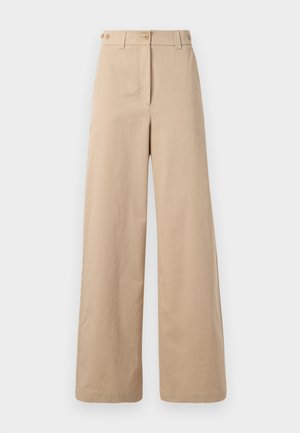 Beige wide-leg trousers made of cotton. Features a button and zip closure with two front pockets and a smooth, matte texture.