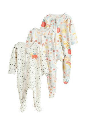 Tre babybodier: en med sorte polkaprikker, en med farverige mønstre af æbler og sol, og en med pastelfarvede abstrakte designs.