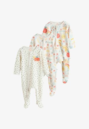 Tre babybodier: en med sorte polkaprikker, en med farverige mønstre af æbler og sol, og en med pastelfarvede abstrakte designs.