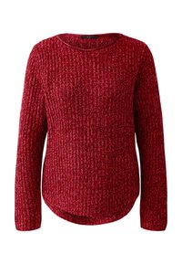 Roter gestrickter Pullover mit langen Ärmeln, rundem Ausschnitt und einem strukturierten Muster. Der gekurvte Saum und die gerippten Bündchen fügen Details hinzu.