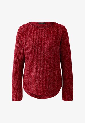 Roter gestrickter Pullover mit langen Ärmeln, rundem Ausschnitt und einem strukturierten Muster. Der gekurvte Saum und die gerippten Bündchen fügen Details hinzu.