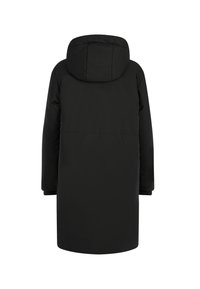 Abrigo acolchado negro con capucha, con corte recto, mangas largas y puños elásticos. Textura suave con un detalle mínimo.