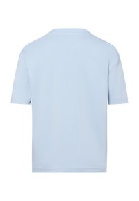 T-shirt azzurro chiaro a maniche corte in cotone, con scollatura rotonda, vestibilità comoda e superficie liscia senza alcun motivo visibile.
