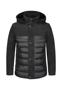 Schwarze Jacke mit einer Kombination aus glattem Stoff und gepolsterten Daunenabschnitten, mit Kapuze, Reißverschluss und Druckknöpfen.