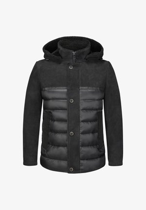 Schwarze Jacke mit einer Kombination aus glattem Stoff und gepolsterten Daunenabschnitten, mit Kapuze, Reißverschluss und Druckknöpfen.