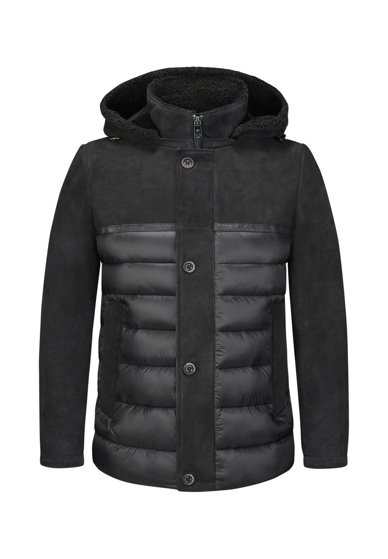 Schwarze Jacke mit einer Kombination aus glattem Stoff und gepolsterten Daunenabschnitten, mit Kapuze, Reißverschluss und Druckknöpfen.