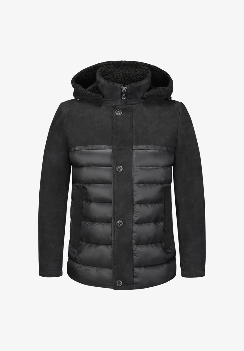 Schwarze Jacke mit einer Kombination aus glattem Stoff und gepolsterten Daunenabschnitten, mit Kapuze, Reißverschluss und Druckknöpfen.