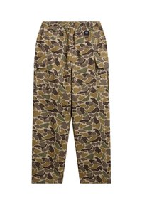 Cargo broek in een camouflagepatroon met bruin- en groentinten. Elastische tailleband en twee zijzakken; gemaakt van duurzaam materiaal.