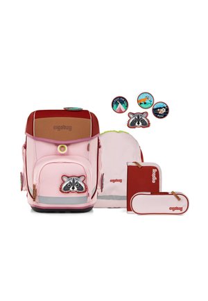 Pink ergonomic backpack with red accents, raccoon patch, reflective strip, and matching smaller pouches. Includes decorative badges.