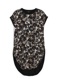 Vestido tipo camiseta con estampado floral en blanco y negro, cuello redondo, mangas cortas y dobladillo curvado. Fabricado en una tela suave con un ajuste holgado.