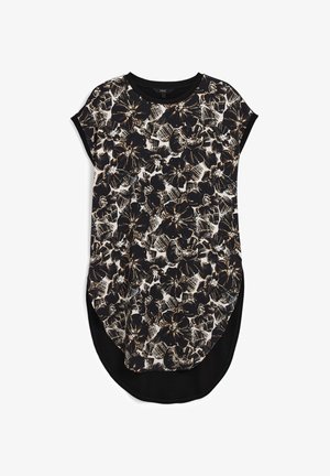 Robe t-shirt à motif floral noir et blanc avec un col rond, des manches courtes et un ourlet arrondi. Fabriquée en tissu doux avec une coupe ample.