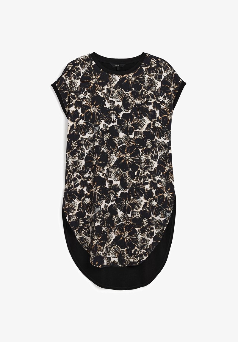 Vestido tipo camiseta con estampado floral en blanco y negro, cuello redondo, mangas cortas y dobladillo curvado. Fabricado en una tela suave con un ajuste holgado.