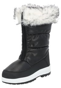 Bota negra impermeable con un diseño acolchado, puño de piel sintética y una suela de goma blanca. Cuenta con una cremallera lateral para un uso fácil.