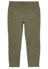 Olivgröna byxor med slim fit, med två bakfickor, knäpaneler och blixtlås vid anklarna för extra designdetalj.