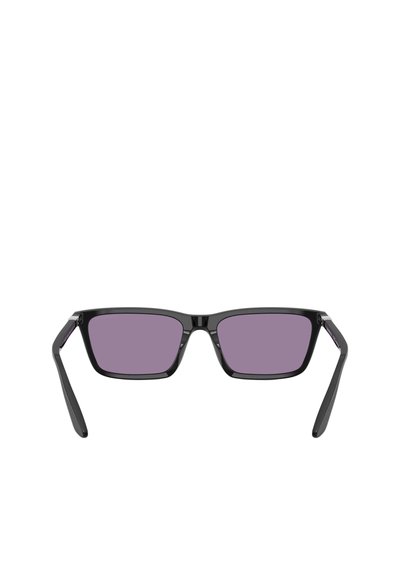 Occhiali da sole rettangolari neri con lenti viola, dotati di una montatura elegante e bracci dritti, progettati con minimalismi negli accessori.