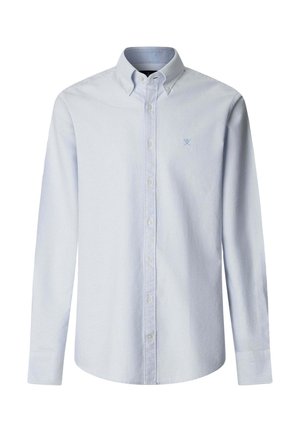 Hellblau-weiß gestreiftes, langärmliges Hemd mit Knöpfen, Kragen und kleinem gesticktem Logo auf der linken Brust.