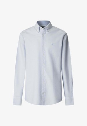 Hellblau-weiß gestreiftes, langärmliges Hemd mit Knöpfen, Kragen und kleinem gesticktem Logo auf der linken Brust.